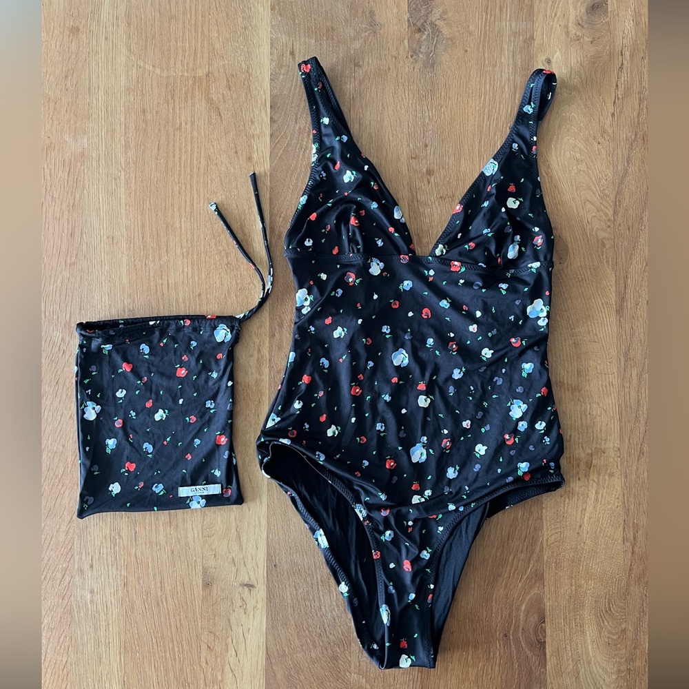 Ganni Black Floral One Piece Swimsuit